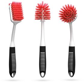 Red and Black Dish Brush Set of 3 with Bottle Water Brush Scrub Brush and Scrubber Brush for Kitchen Ergonomic Non Slip Long Handle