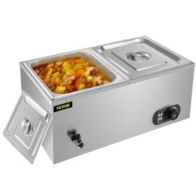 VEVOR 110V 2-Pan Commercial Food Warmer 850W Electric Steam Table 15cm/6inch Deep Stainless Steel Bain Marie 17 Quart for Buffet Catering, Silver