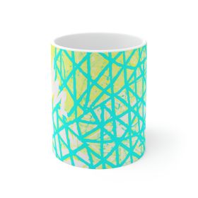 Decorative Ceramic Coffee Mug 15oz, Cyan Blue Lime Green And White Pattern