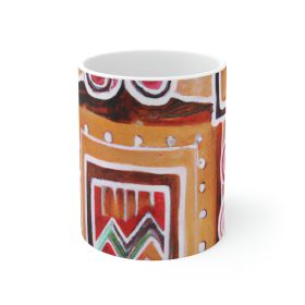 Decorative Ceramic Coffee Mug 15oz, Brown Orange Green Aztec Pattern