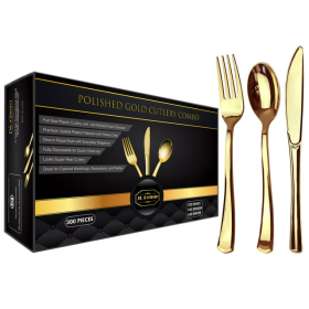 JL Prime 300 Piece Gold Plastic Silverware Set, Re-Usable Recyclable Plastic Cutlery, Gold Plastic Utensil, 100 Forks, 100 Spoons, 100 Knives