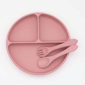 Baby Silicone Round Sucker Compartment Dinner Plate With Spoon Fork Sets (Size/Age: Average Size (0-8Y), Color: Pink)