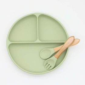 Baby Silicone Round Sucker Compartment Dinner Plate With Spoon Fork Sets (Size/Age: Average Size (0-8Y), Color: Green)