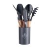 11pcs Wooden Handle Silicone Kitchen Utensils Set Storage Bucket Non-stick Shovel Spoon Cooking Kitchen Utensils 11 Pieces Set Silicone Shovel Spoon